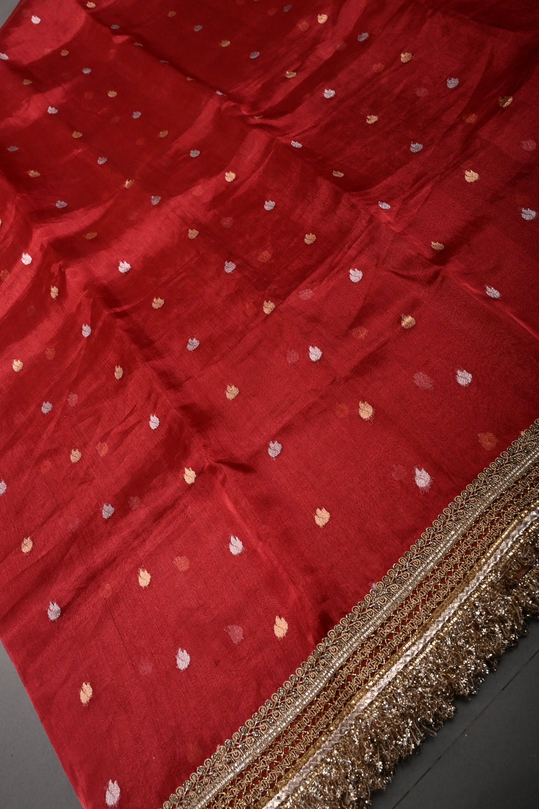 Crimson Red Banarasi Organza Silk Saree with Sona Rupa Zari Buttas and Fancy Lace Trim Border | SILK MARK CERTIFIED | SHOBITAM