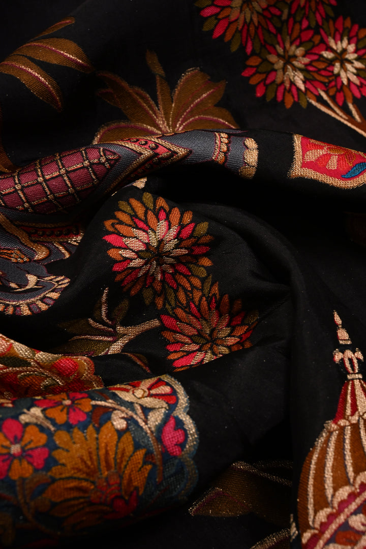 Black Vegan Viscose Silk Saree with Meenakari Brocade and Border | SHOBITAM