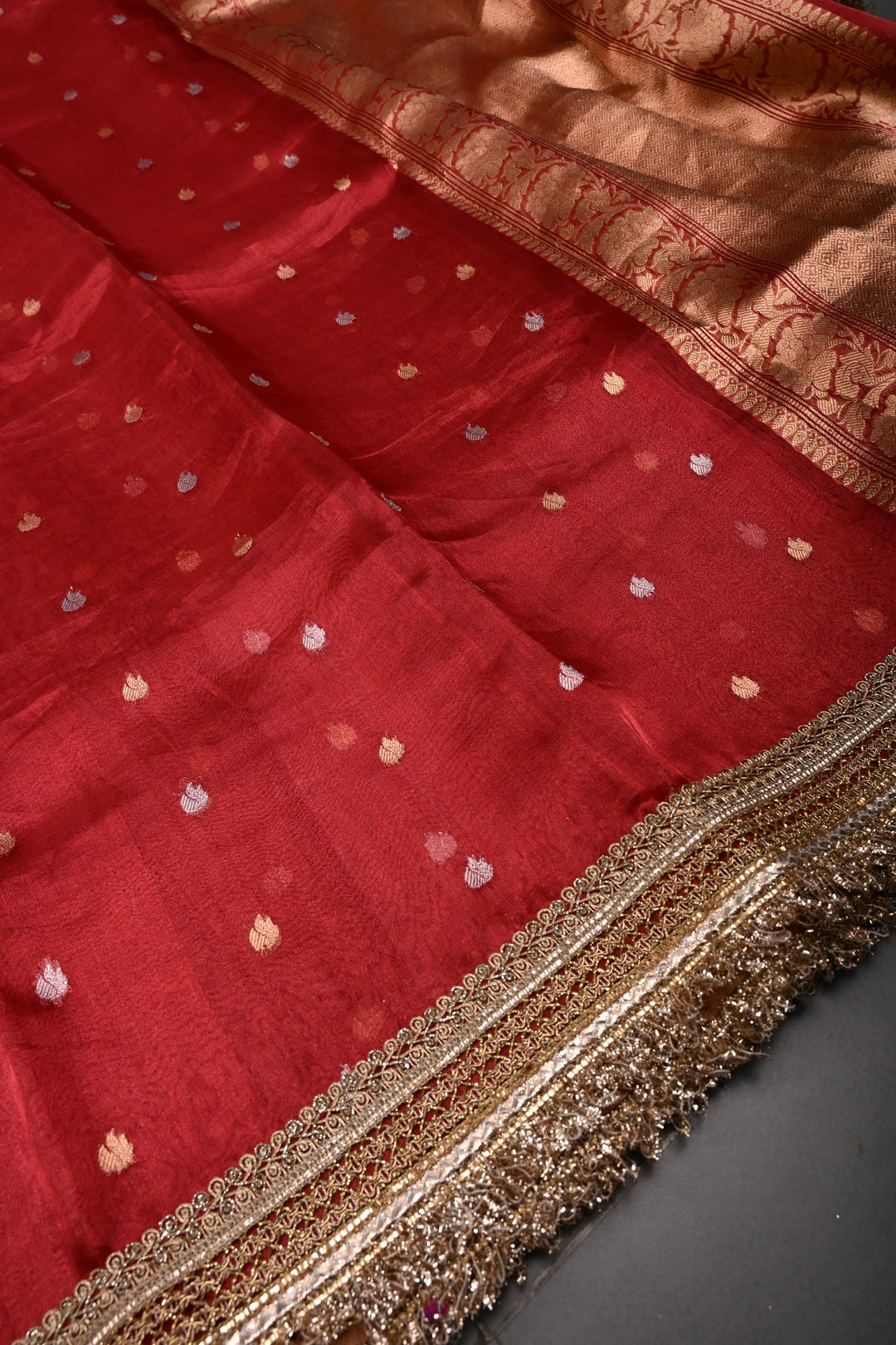 Crimson Red Banarasi Organza Silk Saree with Sona Rupa Zari Buttas and Fancy Lace Trim Border | SILK MARK CERTIFIED | SHOBITAM