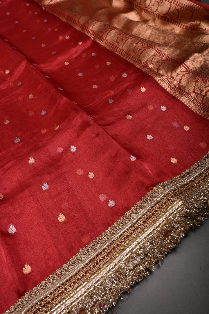 Crimson Red Banarasi Organza Silk Saree with Sona Rupa Zari Buttas and Fancy Lace Trim Border | SILK MARK CERTIFIED | SHOBITAM