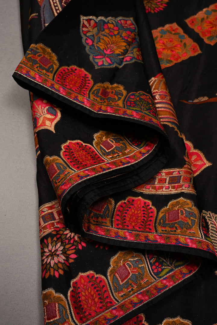 Black Vegan Viscose Silk Saree with Meenakari Brocade and Border | SHOBITAM