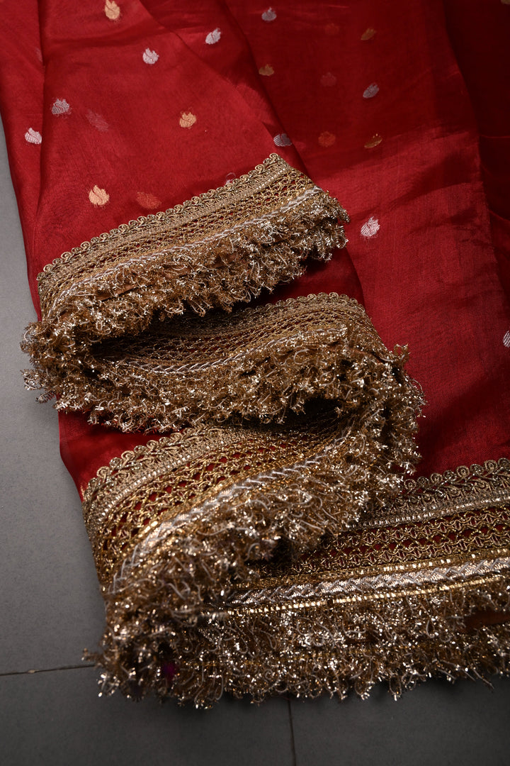Crimson Red Banarasi Organza Silk Saree with Sona Rupa Zari Buttas and Fancy Lace Trim Border | SILK MARK CERTIFIED | SHOBITAM
