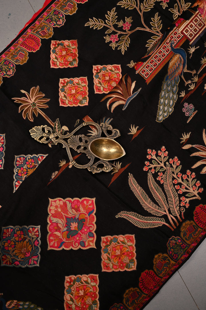Black Vegan Viscose Silk Saree with Meenakari Brocade and Border | SHOBITAM