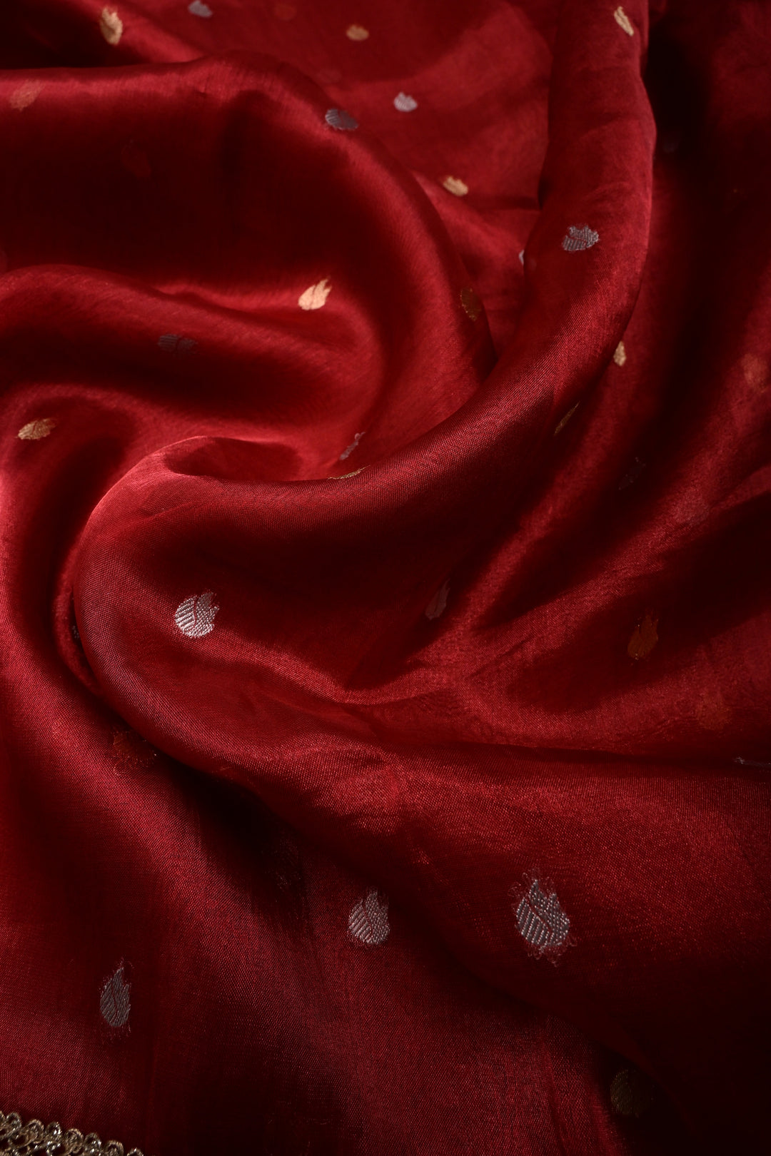 Crimson Red Banarasi Organza Silk Saree with Sona Rupa Zari Buttas and Fancy Lace Trim Border | SILK MARK CERTIFIED | SHOBITAM