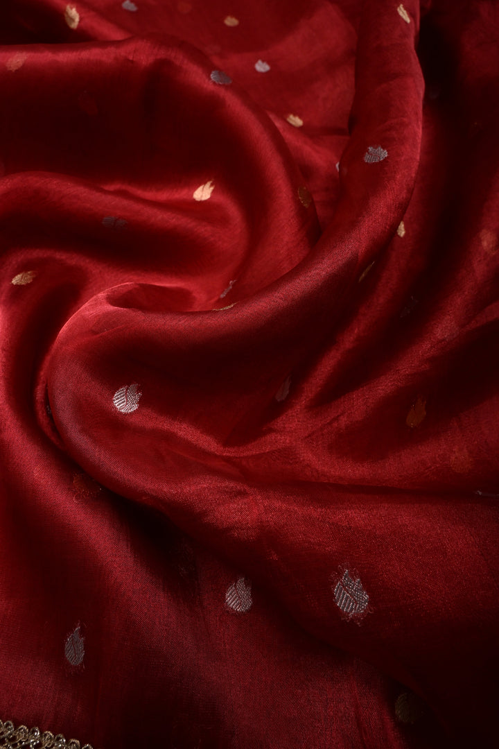 Crimson Red Banarasi Organza Silk Saree with Sona Rupa Zari Buttas and Fancy Lace Trim Border | SILK MARK CERTIFIED | SHOBITAM