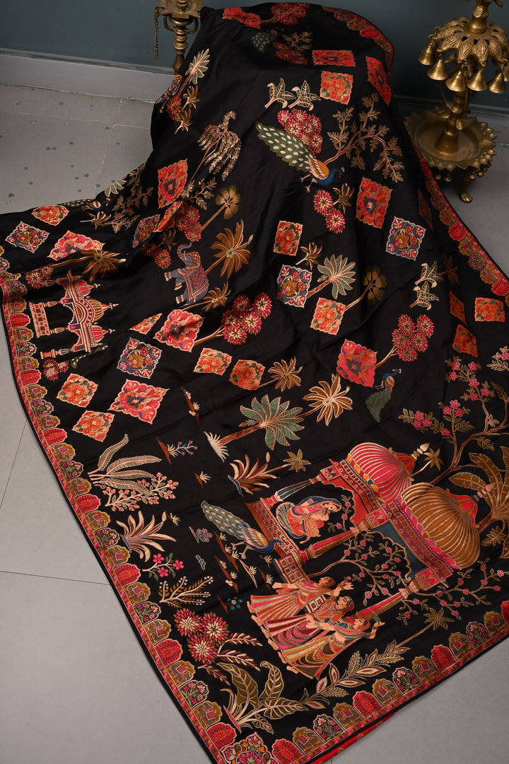Black Vegan Viscose Silk Saree with Meenakari Brocade and Border | SHOBITAM
