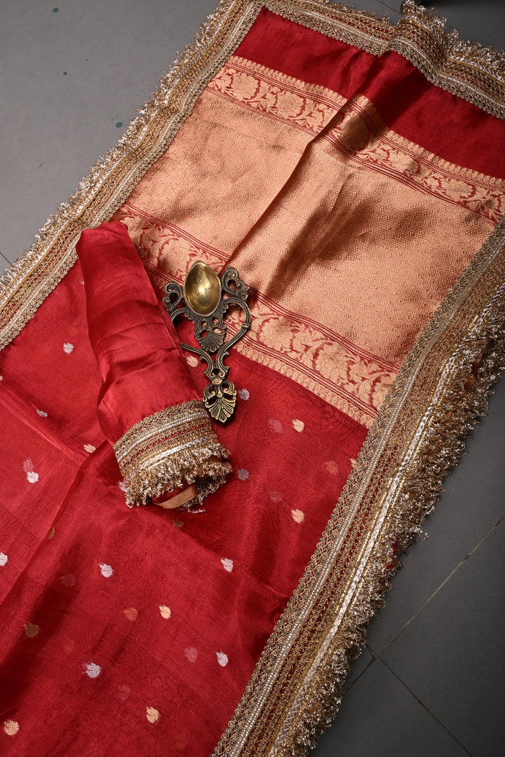 Crimson Red Banarasi Organza Silk Saree with Sona Rupa Zari Buttas and Fancy Lace Trim Border | SILK MARK CERTIFIED | SHOBITAM