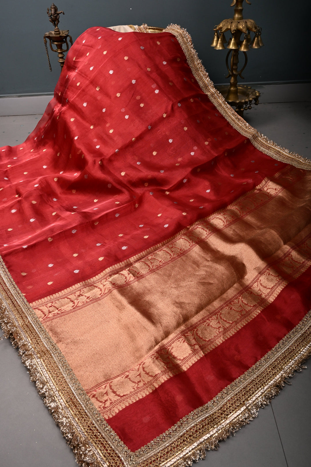 Crimson Red Banarasi Organza Silk Saree with Sona Rupa Zari Buttas and Fancy Lace Trim Border | SILK MARK CERTIFIED | SHOBITAM