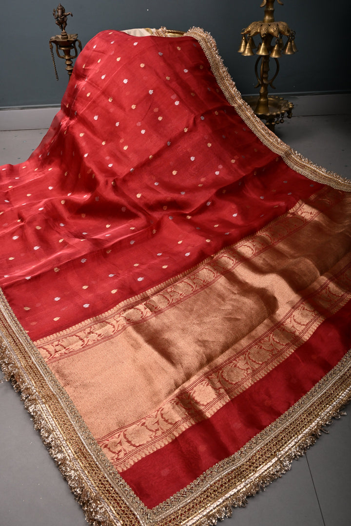 Crimson Red Banarasi Organza Silk Saree with Sona Rupa Zari Buttas and Fancy Lace Trim Border | SILK MARK CERTIFIED | SHOBITAM