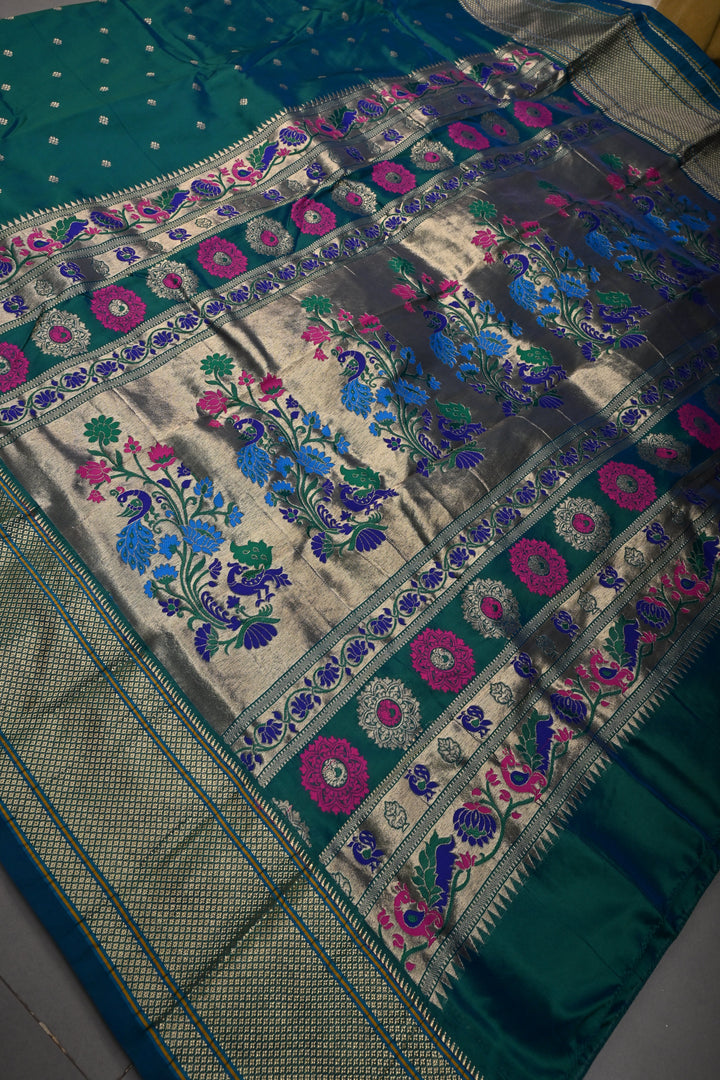 Peacock Blue-Green Dual Tone 9 Yards Madisar Zari Buttis on Semi Silk Saree with Zari Border and  Paithani Style Meenakari Pallu, No Blouse Piece
