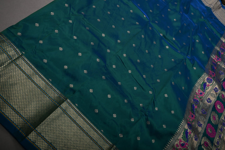 Peacock Blue-Green Dual Tone 9 Yards Madisar Zari Buttis on Semi Silk Saree with Zari Border and  Paithani Style Meenakari Pallu, No Blouse Piece