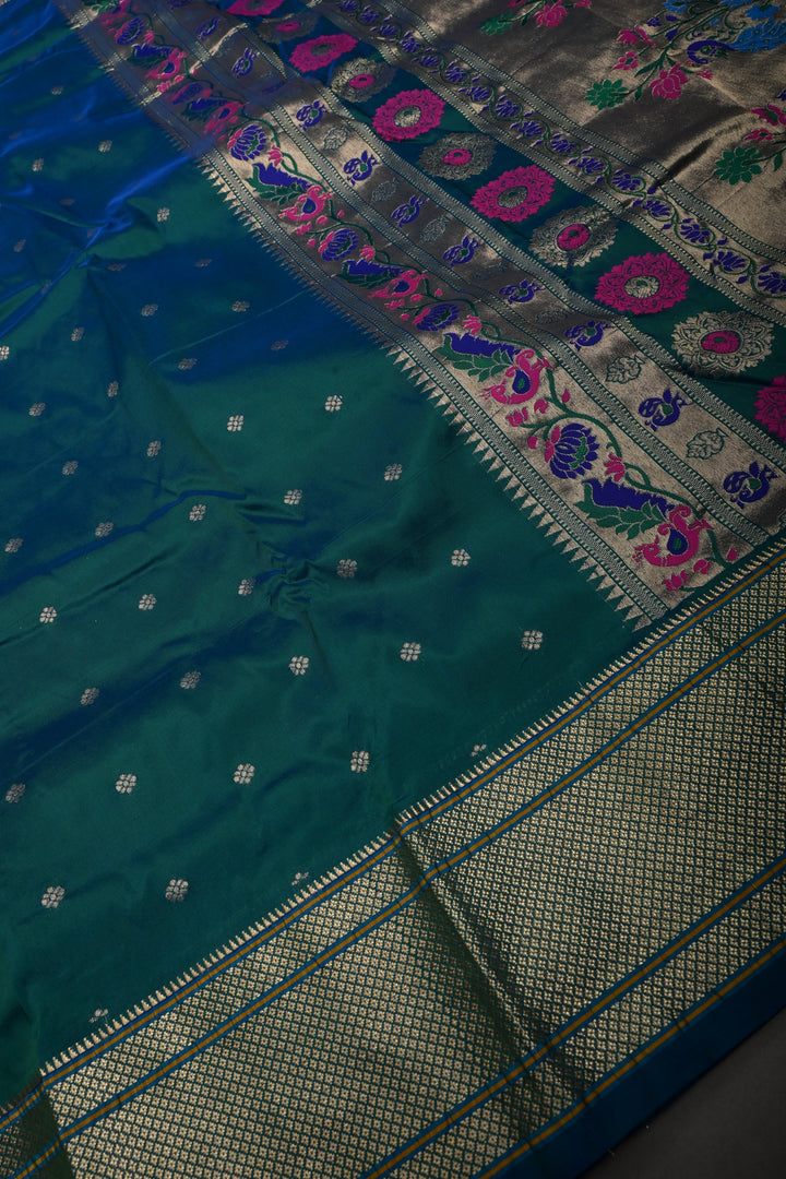 Peacock Blue-Green Dual Tone 9 Yards Madisar Zari Buttis on Semi Silk Saree with Zari Border and  Paithani Style Meenakari Pallu, No Blouse Piece