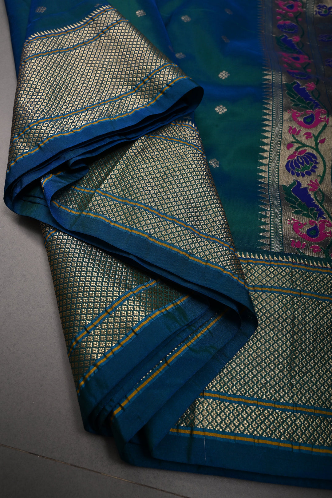 Peacock Blue-Green Dual Tone 9 Yards Madisar Zari Buttis on Semi Silk Saree with Zari Border and  Paithani Style Meenakari Pallu, No Blouse Piece
