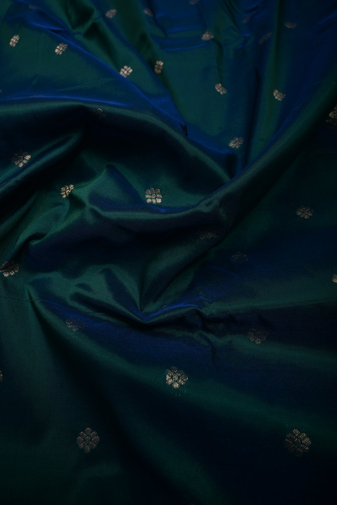 Peacock Blue-Green Dual Tone 9 Yards Madisar Zari Buttis on Semi Silk Saree with Zari Border and  Paithani Style Meenakari Pallu, No Blouse Piece