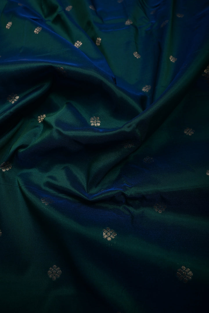 Peacock Blue-Green Dual Tone 9 Yards Madisar Zari Buttis on Semi Silk Saree with Zari Border and  Paithani Style Meenakari Pallu, No Blouse Piece