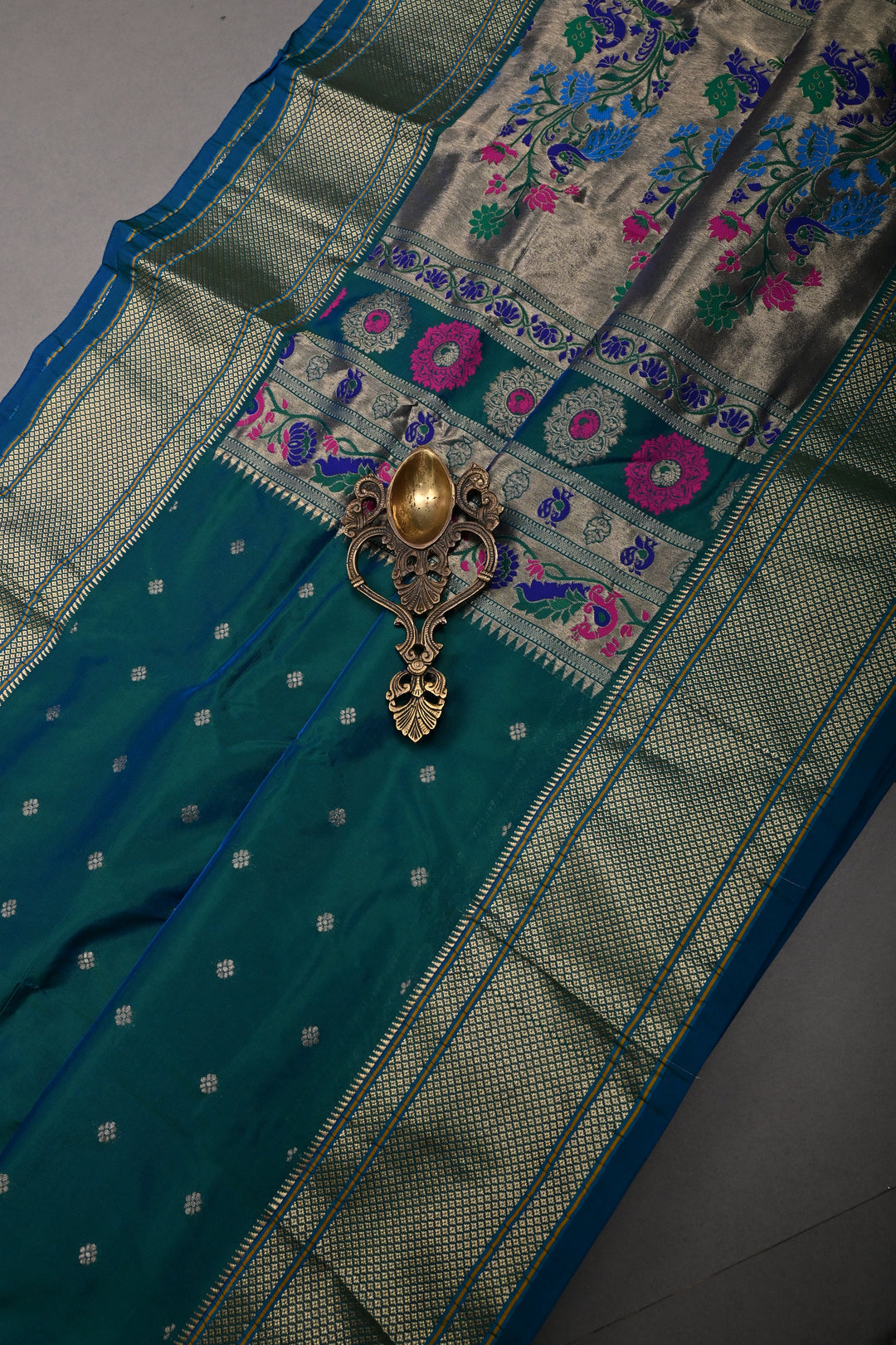 Peacock Blue-Green Dual Tone 9 Yards Madisar Zari Buttis on Semi Silk Saree with Zari Border and  Paithani Style Meenakari Pallu, No Blouse Piece