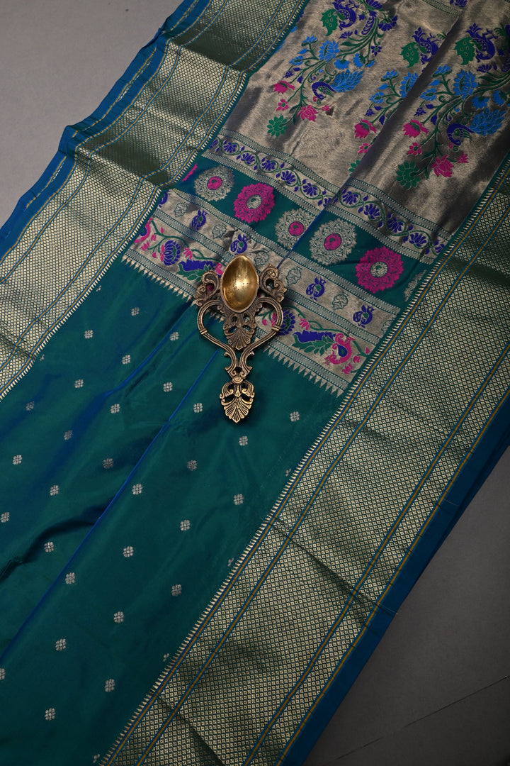 Peacock Blue-Green Dual Tone 9 Yards Madisar Zari Buttis on Semi Silk Saree with Zari Border and  Paithani Style Meenakari Pallu, No Blouse Piece
