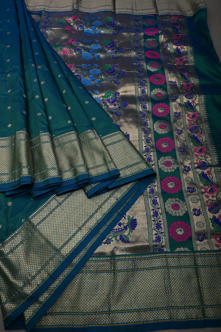 Peacock Blue-Green Dual Tone 9 Yards Madisar Zari Buttis on Semi Silk Saree with Zari Border and  Paithani Style Meenakari Pallu, No Blouse Piece