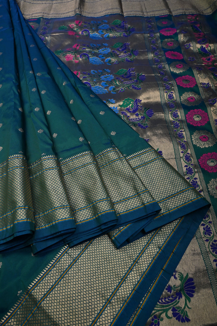Peacock Blue-Green Dual Tone 9 Yards Madisar Zari Buttis on Semi Silk Saree with Zari Border and  Paithani Style Meenakari Pallu, No Blouse Piece