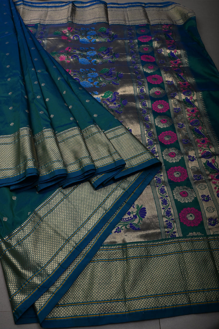 Peacock Blue-Green Dual Tone 9 Yards Madisar Zari Buttis on Semi Silk Saree with Zari Border and  Paithani Style Meenakari Pallu, No Blouse Piece