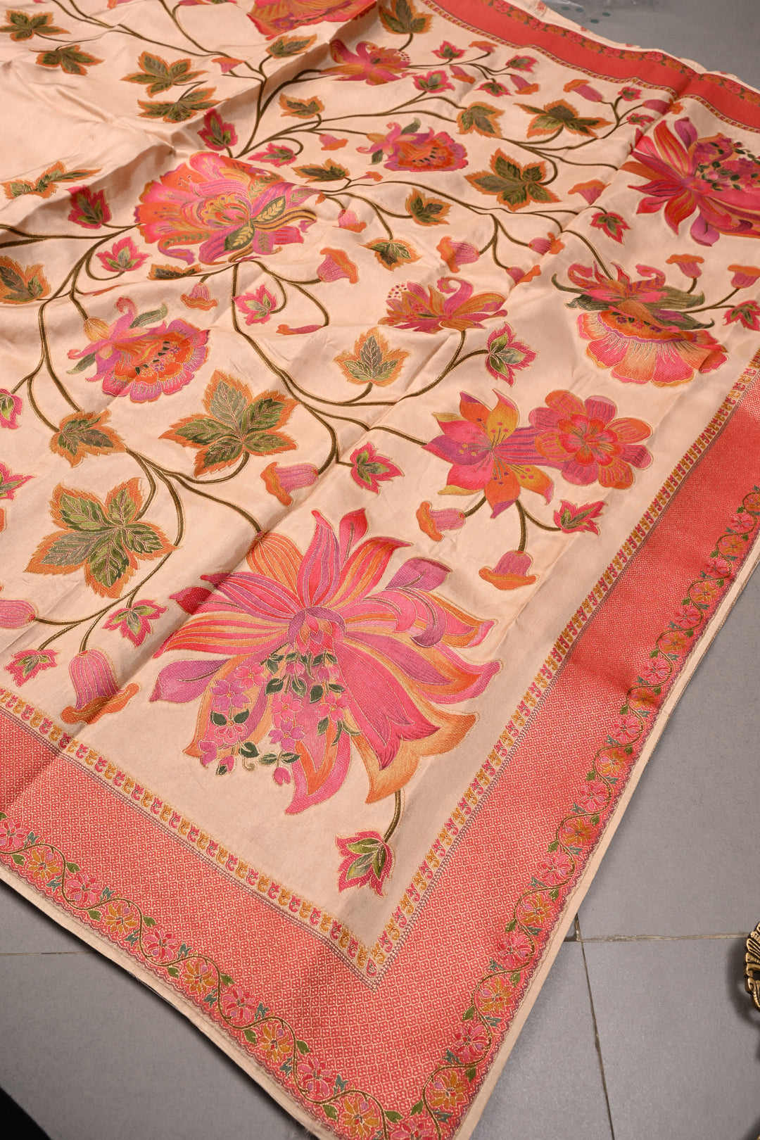 Beige Vegan Viscose Silk Saree with Floral Jaal and Zari Border | SHOBITAM