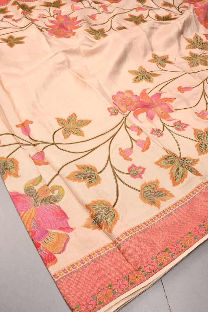 Beige Vegan Viscose Silk Saree with Floral Jaal and Zari Border | SHOBITAM