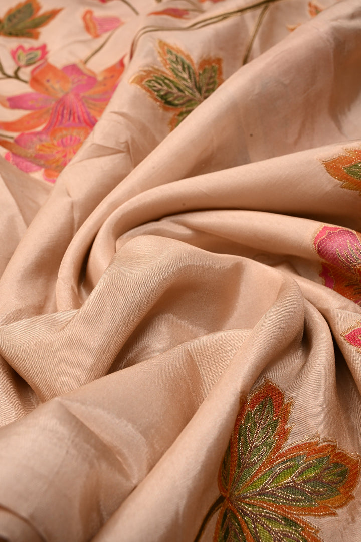 Beige Vegan Viscose Silk Saree with Floral Jaal and Zari Border | SHOBITAM