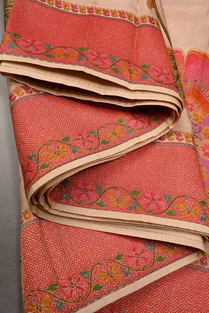 Beige Vegan Viscose Silk Saree with Floral Jaal and Zari Border | SHOBITAM