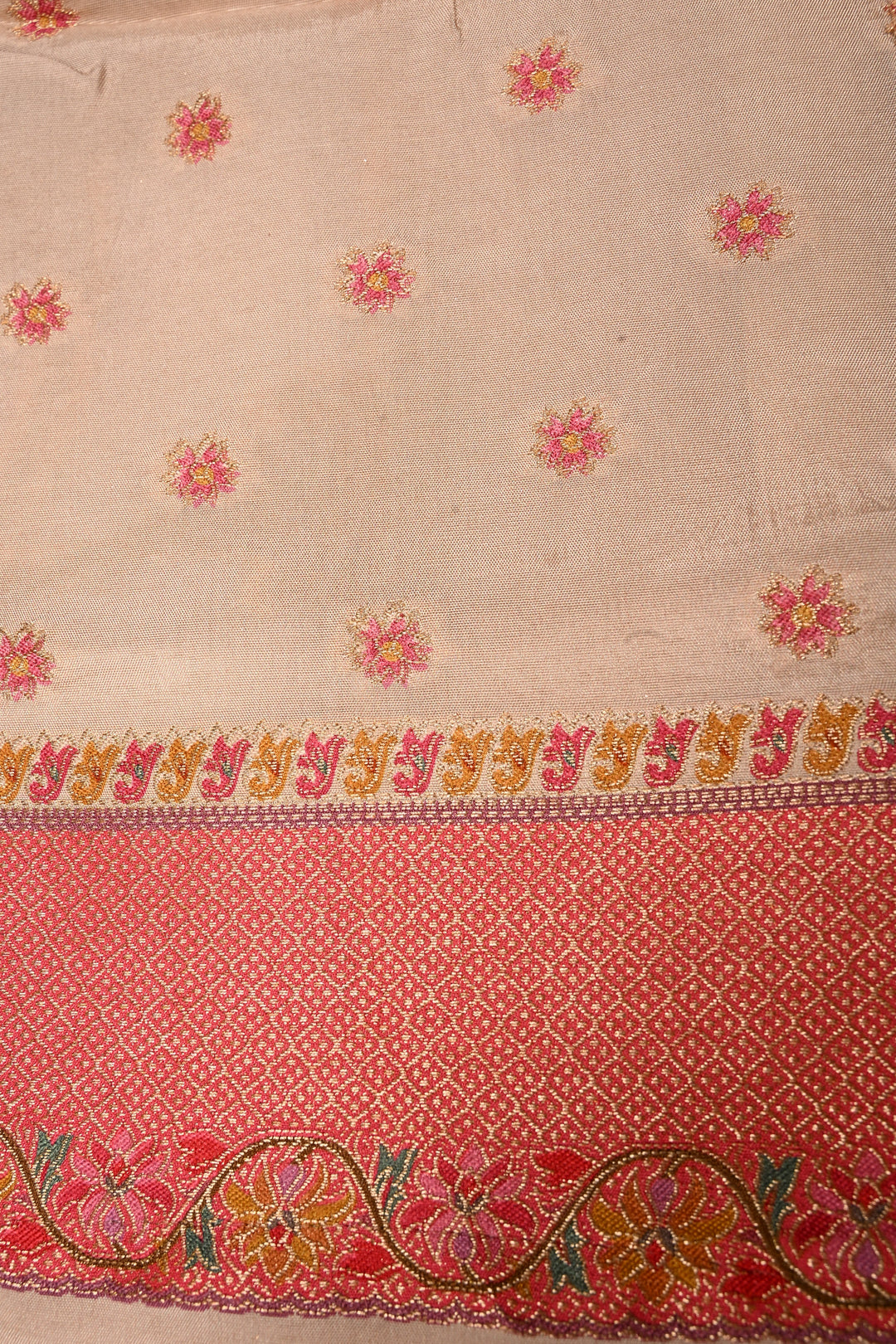 Beige Vegan Viscose Silk Saree with Floral Jaal and Zari Border | SHOBITAM