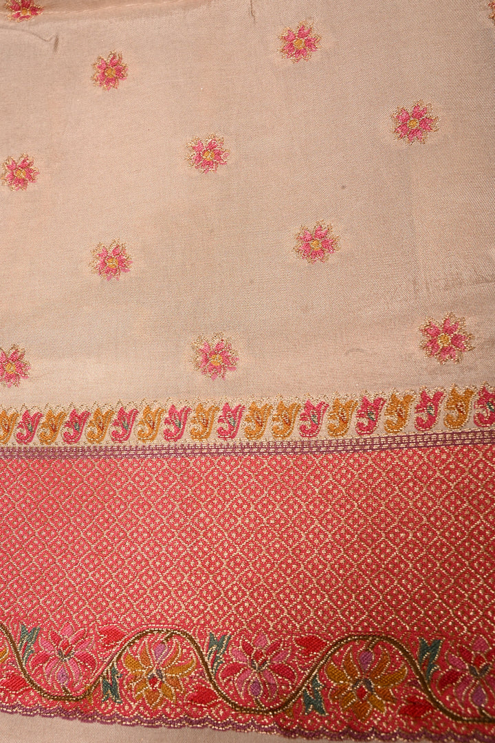 Beige Vegan Viscose Silk Saree with Floral Jaal and Zari Border | SHOBITAM