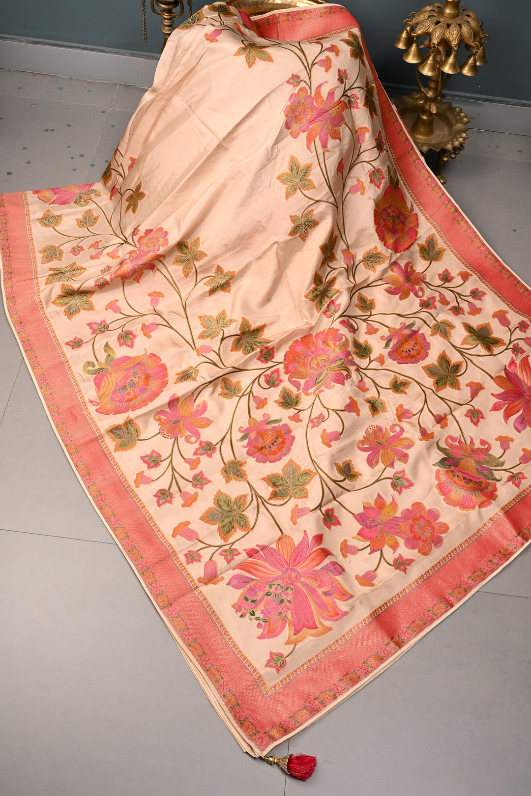 Beige Vegan Viscose Silk Saree with Floral Jaal and Zari Border | SHOBITAM