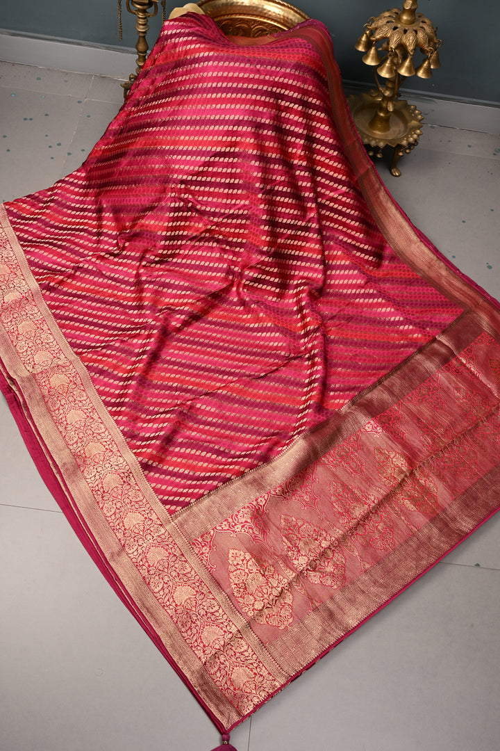 Rangkaat Style on Vegan Viscose Silk Saree with Leheria Design and Zari Border | SHOBITAM