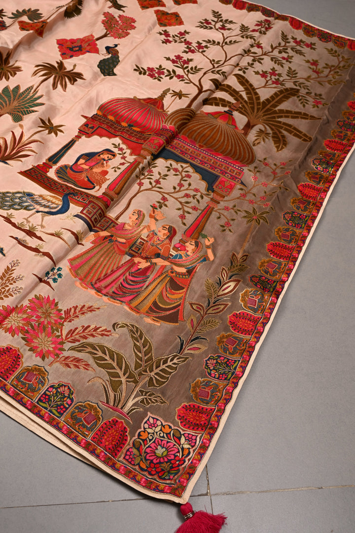 Sandalwood Beige Vegan Viscose Silk Saree with Meenakari Peacock Floral Brocade and Border | SHOBITAM
