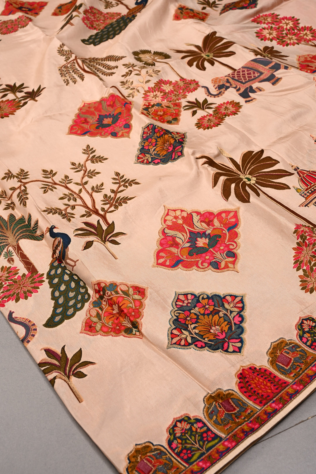 Sandalwood Beige Vegan Viscose Silk Saree with Meenakari Peacock Floral Brocade and Border | SHOBITAM