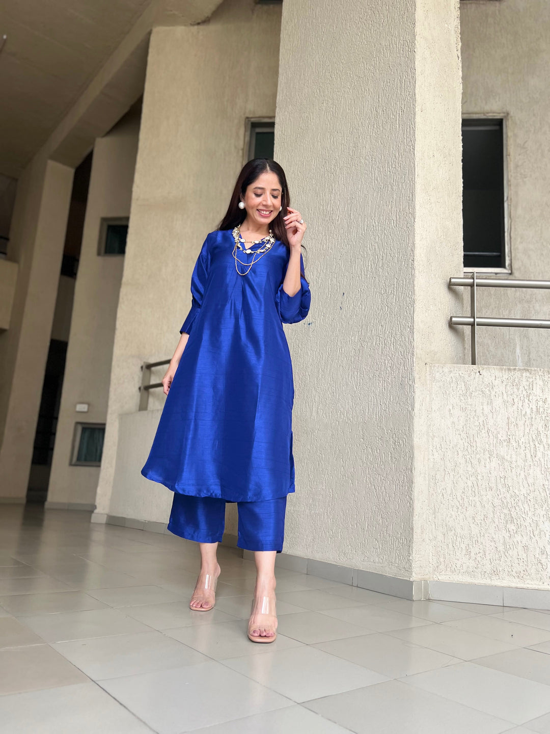 Blue Textured Silk Puff Sleeve Kurta Pant Set  | SHOBITAM