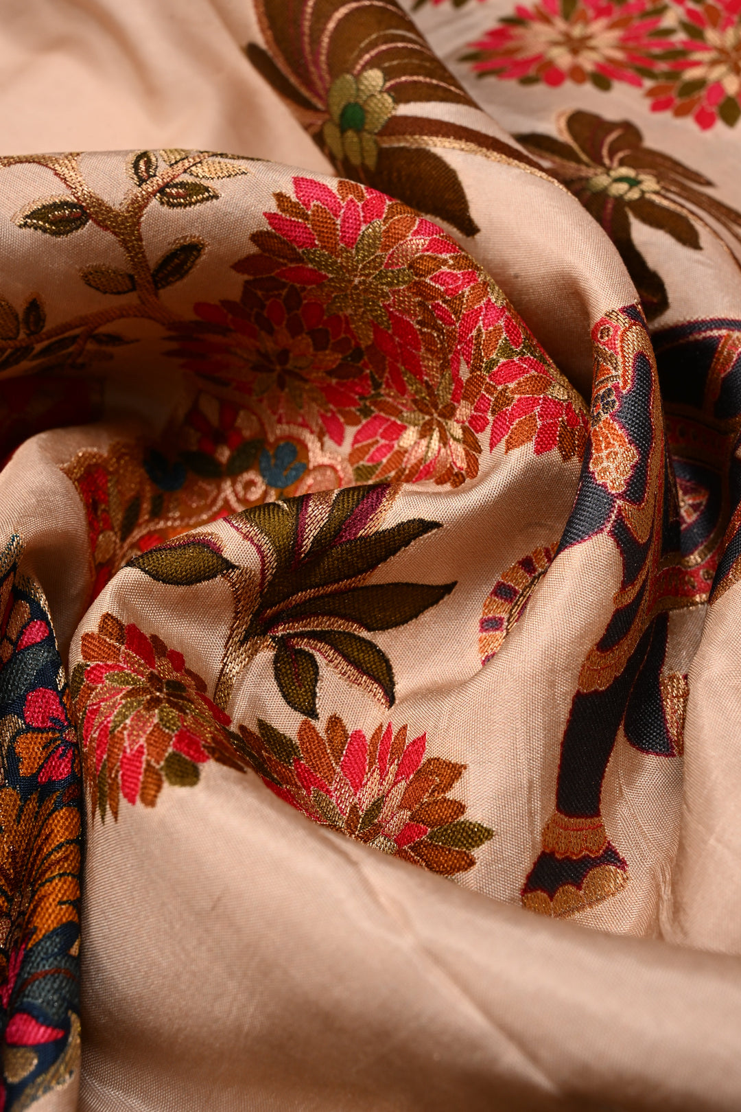 Sandalwood Beige Vegan Viscose Silk Saree with Meenakari Peacock Floral Brocade and Border | SHOBITAM