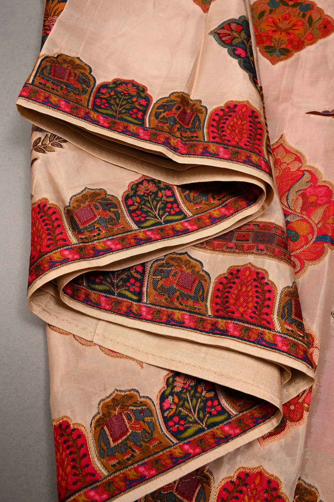 Sandalwood Beige Vegan Viscose Silk Saree with Meenakari Peacock Floral Brocade and Border | SHOBITAM