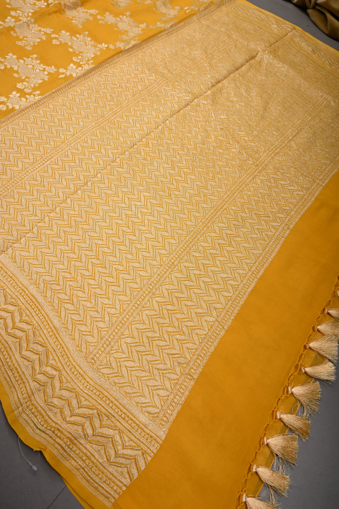 Sunflower Yellow Banarasi Silk Georgette Saree with Floral Brocade Jaal and Zari Border | SILK MARK CERTIFIED | SHOBITAM