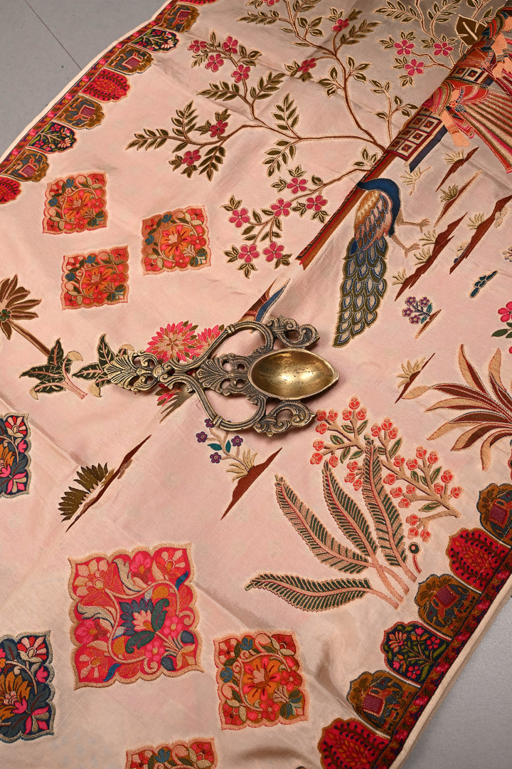 Sandalwood Beige Vegan Viscose Silk Saree with Meenakari Peacock Floral Brocade and Border | SHOBITAM
