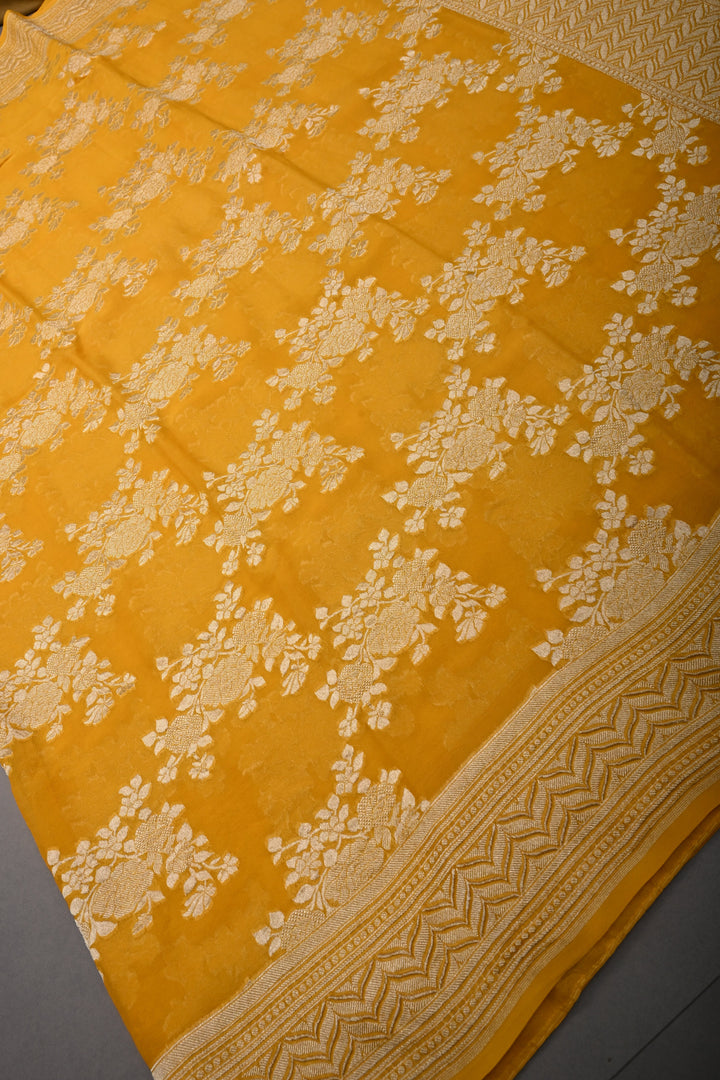 Sunflower Yellow Banarasi Silk Georgette Saree with Floral Brocade Jaal and Zari Border | SILK MARK CERTIFIED | SHOBITAM
