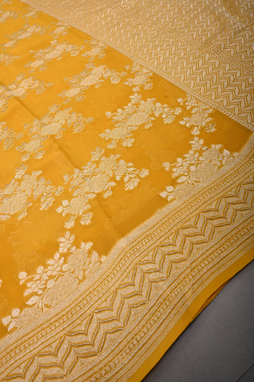 Sunflower Yellow Banarasi Silk Georgette Saree with Floral Brocade Jaal and Zari Border | SILK MARK CERTIFIED | SHOBITAM