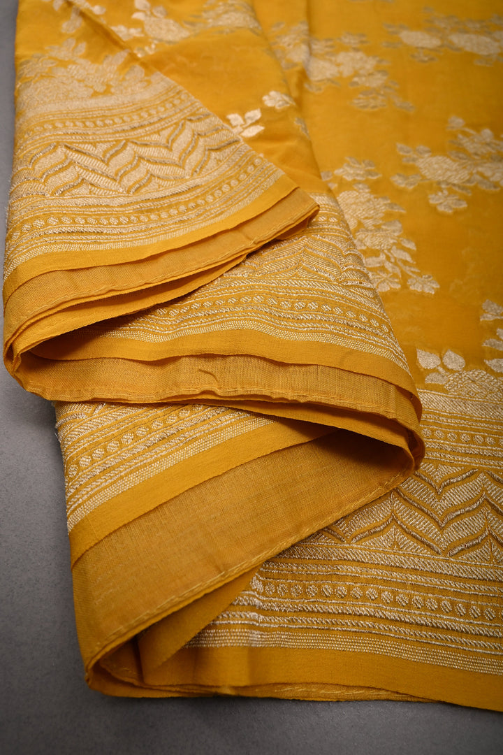 Sunflower Yellow Banarasi Silk Georgette Saree with Floral Brocade Jaal and Zari Border | SILK MARK CERTIFIED | SHOBITAM