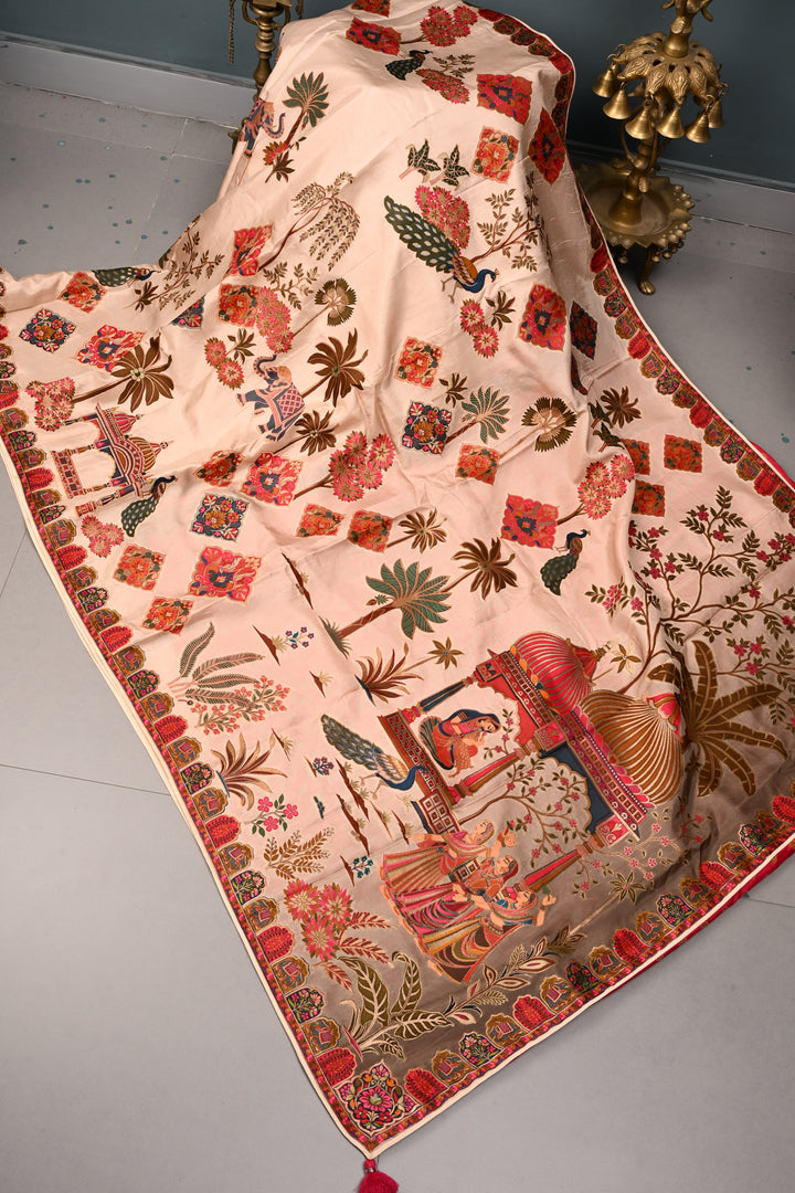 Sandalwood Beige Vegan Viscose Silk Saree with Meenakari Peacock Floral Brocade and Border | SHOBITAM