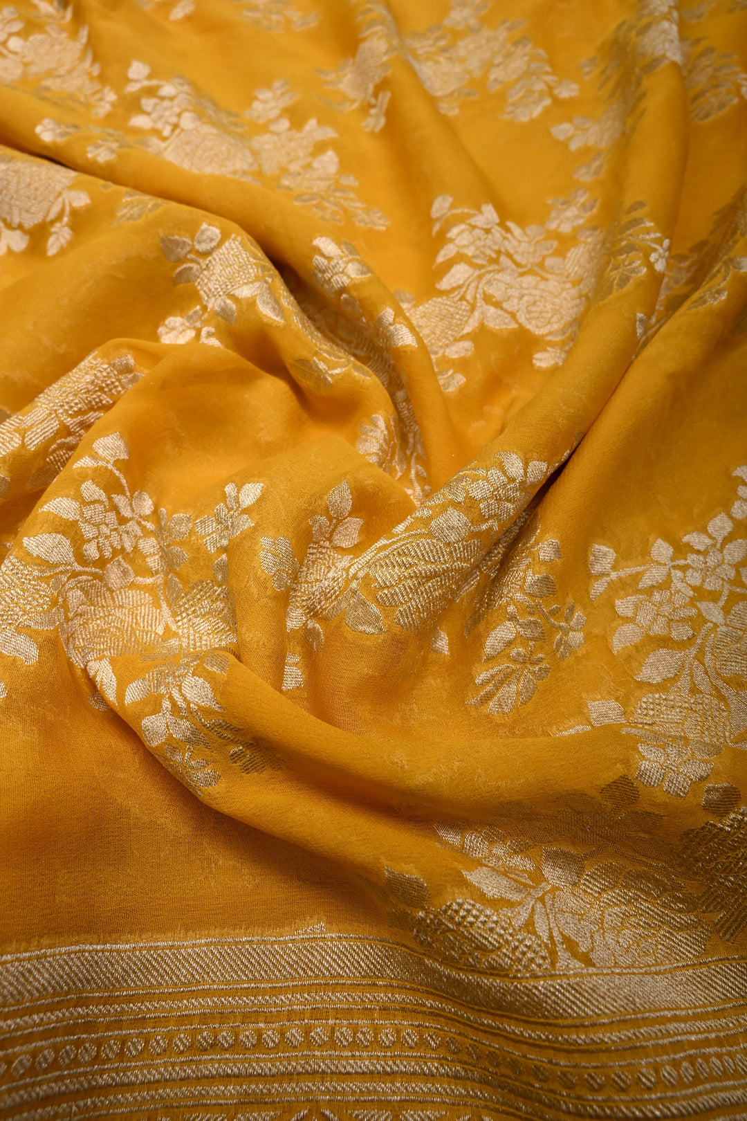 Sunflower Yellow Banarasi Silk Georgette Saree with Floral Brocade Jaal and Zari Border | SILK MARK CERTIFIED | SHOBITAM