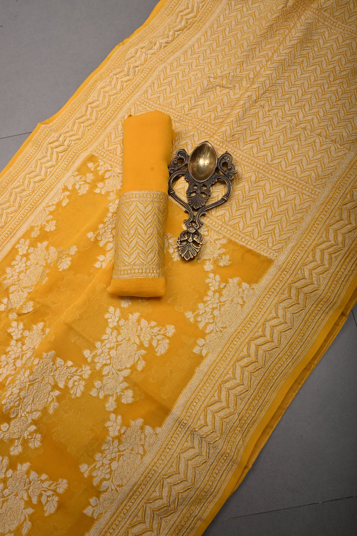 Sunflower Yellow Banarasi Silk Georgette Saree with Floral Brocade Jaal and Zari Border | SILK MARK CERTIFIED | SHOBITAM