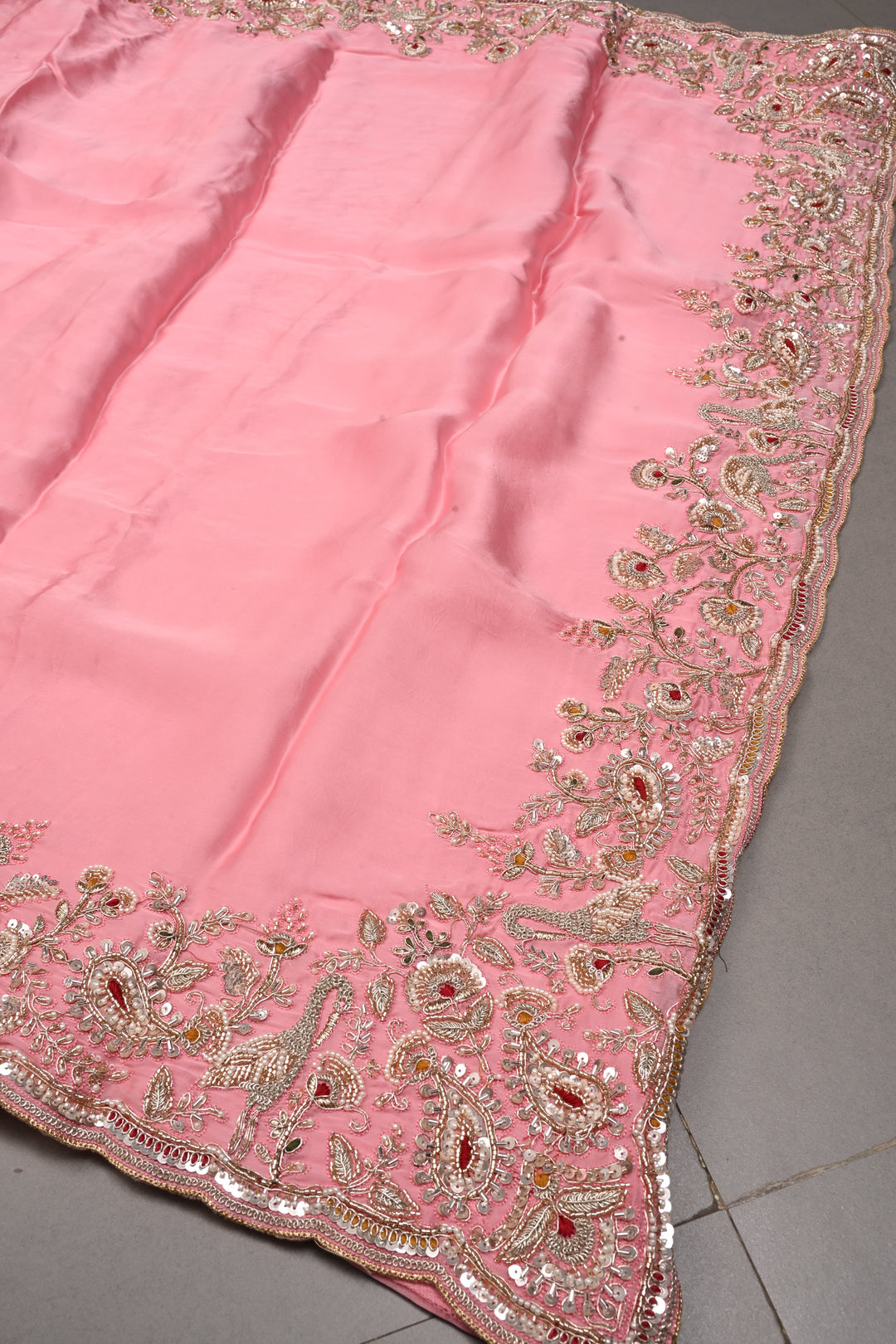 Rose Pink Vegan Viscose Silk Saree with Machine Embroidery and Meenakari Work on Scallop Border | SHOBITAM