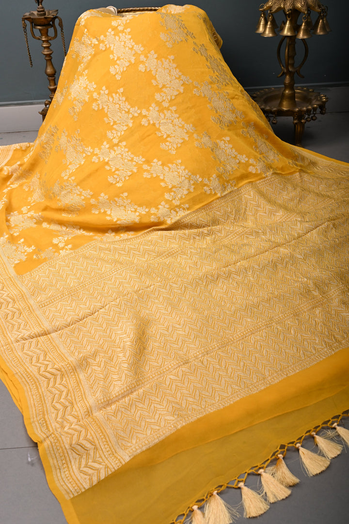 Sunflower Yellow Banarasi Silk Georgette Saree with Floral Brocade Jaal and Zari Border | SILK MARK CERTIFIED | SHOBITAM