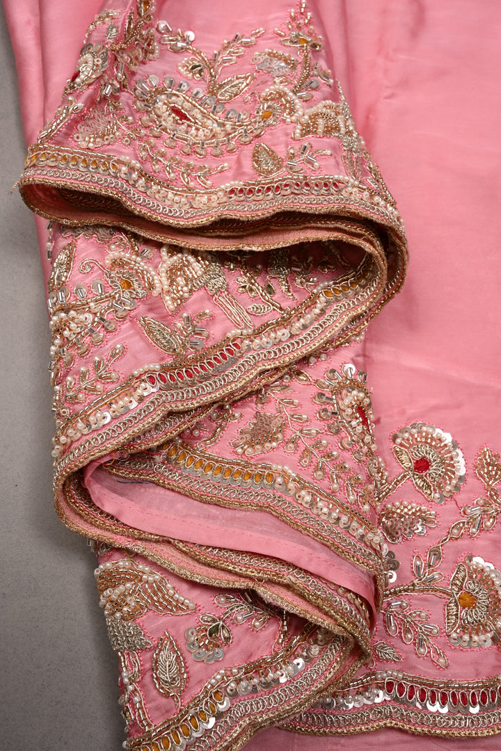 Rose Pink Vegan Viscose Silk Saree with Machine Embroidery and Meenakari Work on Scallop Border | SHOBITAM