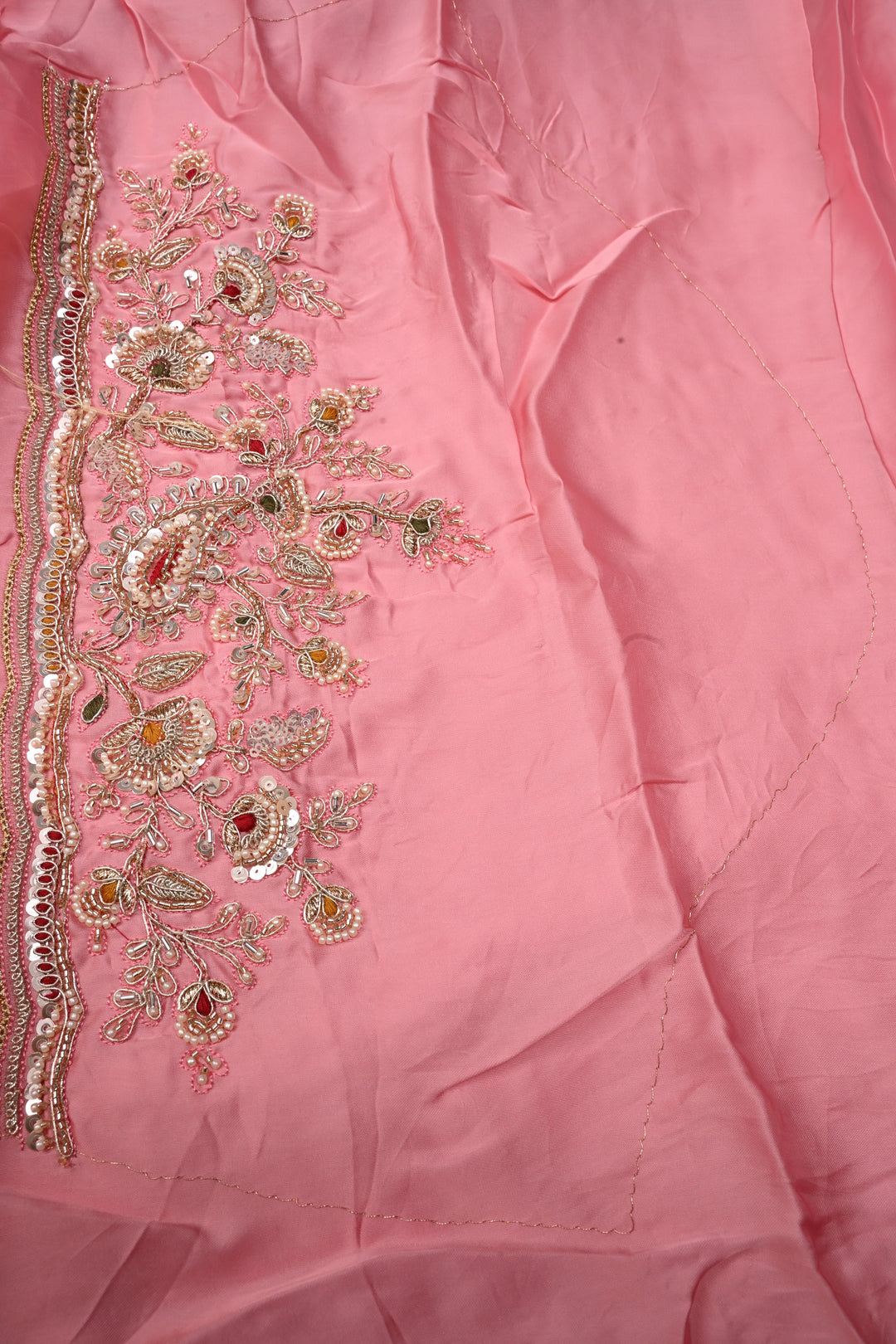 Rose Pink Vegan Viscose Silk Saree with Machine Embroidery and Meenakari Work on Scallop Border | SHOBITAM