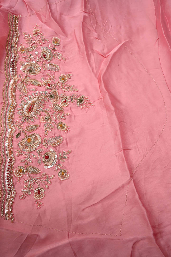 Rose Pink Vegan Viscose Silk Saree with Machine Embroidery and Meenakari Work on Scallop Border | SHOBITAM